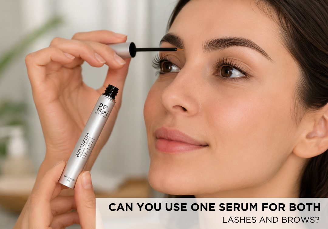 Applying one serum to both eyelashes and eyebrows for healthier growth