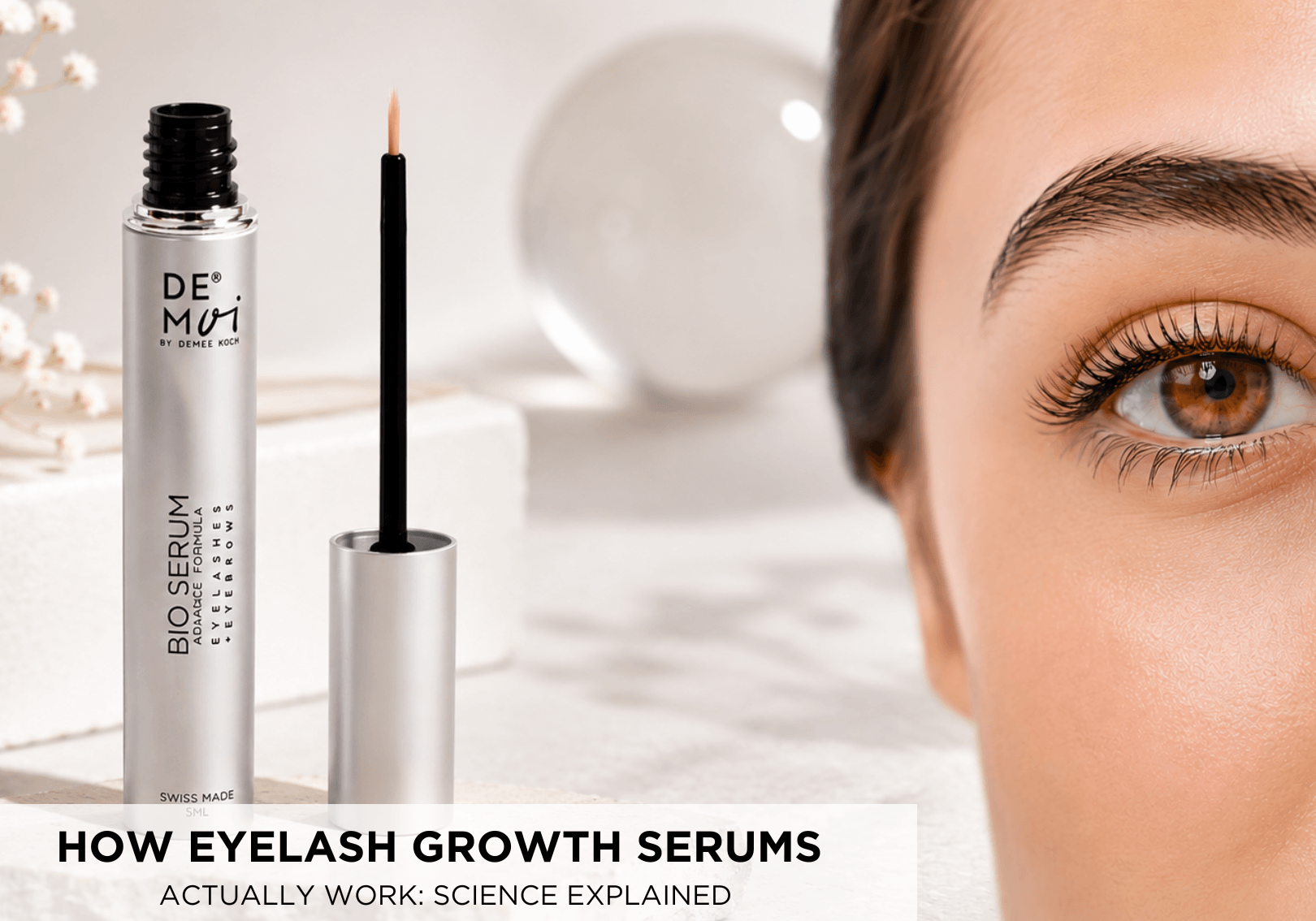 Woman applying eyelash growth serum with visibly longer and healthier eyelashes, demonstrating lash growth results