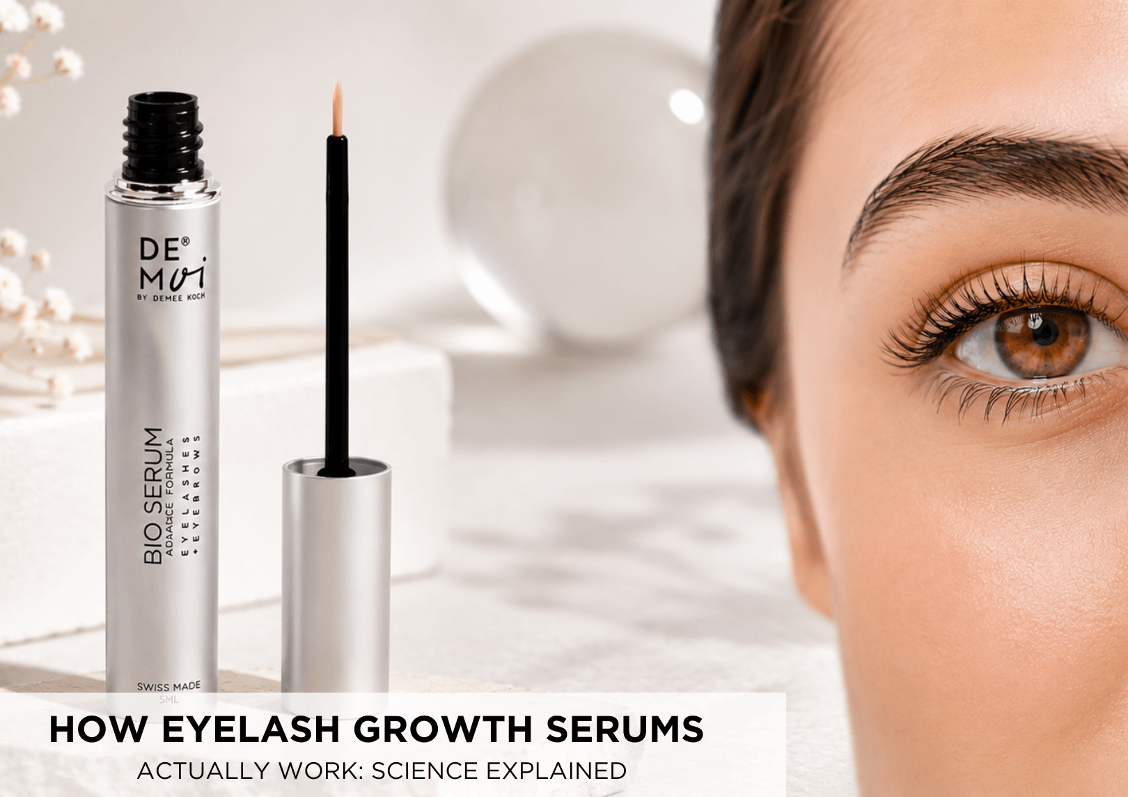 Woman applying eyelash growth serum with visibly longer and healthier eyelashes, demonstrating lash growth results
