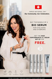 Swiss National Day promotional ad featuring a smiling woman in a white robe holding a skincare tube, with text offering a bundle of 4 bio serums plus a free high-performance CC cream SPF 30. Four silver serum tubes and one white tube are shown at the bottom right.