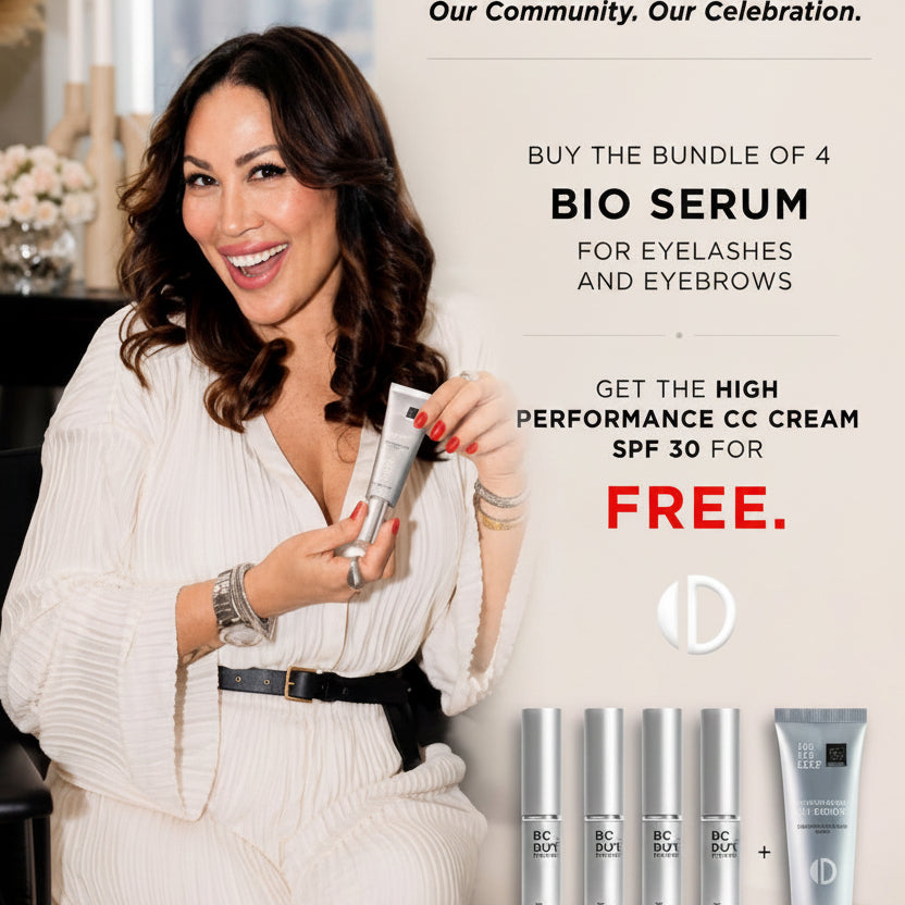 Swiss National Day promotional ad featuring a smiling woman in a white robe holding a skincare tube, with text offering a bundle of 4 bio serums plus a free high-performance CC cream SPF 30. Four silver serum tubes and one white tube are shown at the bottom right.